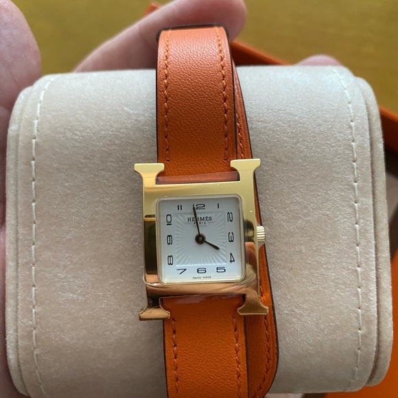 Hermes Heure H Mini Watch - Orange with Gold Face and Double-Length Strap - Picture 5 of 8